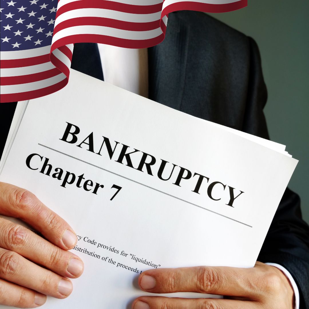 Illustration of scales tipping towards 'Chapter 7 Bankruptcy' text, symbolizing financial relief and debt discharge in the USA